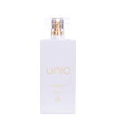 Perfume em frasco retangular de vidro branco fosco. Traz o nome "Unic" em letras douradas maiúsculas. Abaixo, texto "Deo Colônia Feminino" em letras menores. Na parte inferior, logotipo "Thera" em dourado.