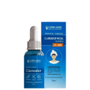 A imagem mostra um  frasco de vidro azul com 30ml de sérum. Ao lado está a embalagem do produto, uma caixa azul, que destaca as propriedades clareadoras, hidratantes e nutritivas do sérum para a pele.