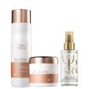 A imagem mostra um shampoo em uma embalagem cilíndrica branca e cobre. Há também uma máscara capilar em um pote branco e cobre. O terceiro é um óleo capilar luminoso em um frasco transparente com tampa dourada.