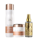 Três produtos de cuidados capilares da linha Fusion da marca Wella Professionals. O primeiro é um shampoo de 250ml. O segundo é uma máscara capilar. O terceiro produto é um óleo de brilho em um frasco transparente com tampa dourada.