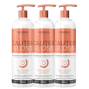 São três frascos de 500ml cada, com bombas doseadoras na cor cobre. Os frascos têm rótulos com o nome da linha e informações sobre os benefícios do produto, como eliminar frizz, hidratar e nutrir os fios, além de tratar as cutículas.