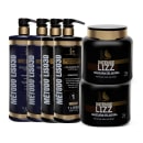 Produtos para cabelos da marca Kerastinni. Há dois frascos de shampoo detox e dois de escova progressiva. Também há dois potes de máscara capilar seladora "Intense Lizz" de 1kg, na cor preta com detalhes dourados.