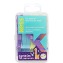 Caixa plástica contendo 36 unidades de fio dental individual para crianças, com embalagem na cor turquesa e detalhes em roxo e amarelo, rotulada como "FIO DENTAL INDIVIDUAL KIDS".