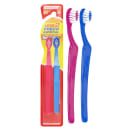 Conjunto de duas escovas de dentes manuais da marca Dentalclean. As escovas possuem cabos longos e finos, um na cor rosa vibrante e outro azul escuro. As cerdas são de nylon branco e apresentam formato cônico.