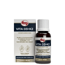 Suplemento alimentar líquido Vita D3+K2 da Vitafor, em frasco de 20 ml com rótulo em cores azul, branco e vermelho, indicado para o sistema imune e muscular, e manutenção dos ossos.