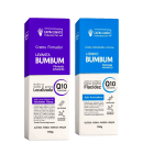 São dois cremes corporais da marca Capim Clinical. O produto à esquerda é um creme firmador chamado "Levanta Bumbum. O produto à direita é um creme anticelulite e estrias chamado "Lisinho Bumbum Fórmula Advanced" em uma embalagem azul.