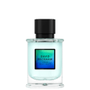 Perfume em frasco de vidro transparente com líquido verde claro. Embalagem retangular com tampa preta fosca. Rótulo quadrado na frente com o nome "DAVID BECKHAM TRUE INSTINCT" em letras pretas sobre fundo degradê de verde para azul.