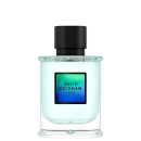Perfume em frasco de vidro transparente com líquido verde claro. Embalagem retangular com tampa preta fosca. Rótulo quadrado na frente com o nome "DAVID BECKHAM TRUE INSTINCT" em letras pretas sobre fundo degradê de verde para azul.
