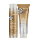 Dois produtos de cuidados capilares da marca Joico: shampoo e condicionador K-PAK com frasco branco e dourado. Ambos os produtos têm rótulos com o nome do produto, descrições e o selo "Selo de Confiabilidade World Confixx" visível.