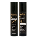 Dois frascos pretos de plástico de 500ml cada, contendo produtos da linha Amazon Premium da marca Naelly ST Professional: shampoo de limpeza profunda e máscara capilar P2 para realinhamento capilar.