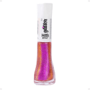 Esmalte de unhas em frasco transparente. O frasco contém um esmalte brilhante com duas cores, roxo e laranja, em camadas sobrepostas com brilhos cintilantes. O rótulo na parte superior do frasco exibe o nome da marca "Hits" e a indicação "5Free".
