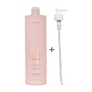 Condicionador Glow Shine da marca Brae. Embalagem plástica rosa claro com bomba dosadora branca. Rótulo com o nome do produto "Glow Shine" e descrição em letras douradas. Frasco de 1L. Design minimalista e elegante.