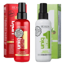 Dois leave-ins Revlon Professional. À esquerda o "Uniq One All in One Hair Treatment", um tratamento capilar multibeneficios. À direita, um frasco branco com tampa preta contém o "Uniq One All in One Green Tea Hair Treatment" da mesma linha.