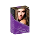 É uma caixa de tinta para cabelo da marca Alpha Line, da linha Essenziale. A embalagem é uma caixa retangular de cor roxa, com letras em branco. Há a imagem de uma mulher com cabelos longos e castanhos.