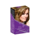 É uma caixa de tinta para cabelo da marca Alpha Line, da linha Essenziale. A embalagem é uma caixa retangular em tons de roxo. Na frente, há a imagem de uma modelo loira com cabelos ondulados. O número 8.0 indica o tom "Louro Claro".