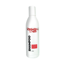 A imagem mostra um frasco branco de shampoo.