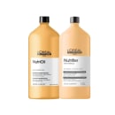 A imagem mostra dois produtos de L'Oréal Professionnel. Um é o shampoo NutriOil com óleo de coco, embalado em um frasco plástico amarelo de 1,5 litros. O outro é o condicionador Nutrifer, em uma embalagem plástica amarela de 1,5 litros.