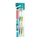São duas escovas de dentes manuais da marca Dentalclean. As escovas têm cabos plásticos lisos, uma em azul claro e outra em verde limão. As cerdas são de nylon, com a parte central em cor branca e as extremidades nas mesmas cores dos cabos.