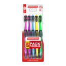 Conjunto de 5 escovas de dente Dentalclean em cores vibrantes - rosa, azul, amarelo, verde e roxo. As escovas têm cabos plásticos coloridos e cerdas pretas. O pacote é uma embalagem plástica transparente com fundo vermelho