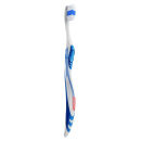 Escova de dente manual com cabo plástico azul e branco. O cabo tem uma forma ergonômica para apoio dos dedos. A cabeça da escova possui cerdas de nylon brancas e azuis dispostas em formato cônico. Na lateral do cabo está impresso Dentalclean.