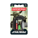 Produto de higiene bucal Dentalclean em embalagem plástica preta com imagem do Mestre Yoda, personagem de Star Wars. A embalagem apresenta o logotipo "Dentalclean" em letras vermelhas e o texto "Star Wars" em azul escuro. Contém fio dental de 50 metros