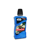 Enxaguatório bucal antisséptico da linha Star Wars. O produto vem em uma embalagem azul transparente com detalhes pretos. Na frente, há uma imagem do personagem Mestre Yoda e o logotipo Star Wars. O rótulo indica que é sem álcool e tem capacidade de 350ml
