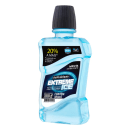 Produto antisséptico bucal Dentalclean Extreme Ice. Embalagem plástica transparente com líquido azul claro. Rótulo preto com detalhes em amarelo indicando "20% a mais" em comparação a embalagens menores. Destaca ser "Menta Extra Forte"