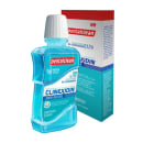 Produto antisséptico bucal Dentalclean Clinexidin. Embalagem composta por um frasco transparente com líquido azul claro e uma caixa retangular com detalhes em vermelho, branco e azul.