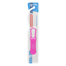 Limpador de língua Dentalclean. Embalagem em formato de blister com o limpador de língua na cor rosa vibrante e forma arredondada. O rótulo exibe o logotipo e nome da marca "Dentalclean" em letras brancas e vermelhas.