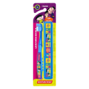 Escova de dente infantil Dentalclean e estojo na cor azul. Embalagem com ilustrações coloridas de personagens infantis do "O Show da Luna!". Cores vibrantes rosa, roxa e verde complementam o design.