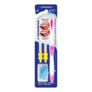 Kit ortodôntico contendo uma escova ortodôntica rosa, duas escovas interdentais amarelas pequenas, um estojo passa-fio azul. A embalagem é azul escura com detalhes em branco, azul e amarelo. Há imagens ilustrativas de aparelhos ortodônticos