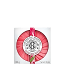 Barra de sabonete sólida da marca Roger & Gallet, com embalagem circular rosa e rótulo branco com logotipo da marca. Produto denominado "Gingembre Rouge" (Gengibre Vermelho), com peso líquido de 100g.