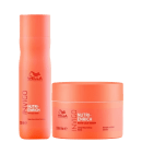 Frasco de shampoo com o logotipo da Wella e o nome "Nutri-Enrich with Goji Berry" impresso. Também há uma máscara capilar na mesma cor laranja.