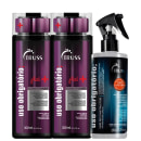 A imagem mostra itens marca Truss. Existem três produtos:

1. Shampoo chamado "Uso obrigatório Plus+". 

2. Condicionador chamado "Uso obrigatório Plus+". 

3. Produto líquido de reconstrução capilar chamado "Uso obrigatório Reconstrutor Líquido".