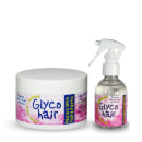 A imagem mostra dois produtos: um deles é um frasco spray transparente com um líquido incolor e o outro é um pote branco com uma fórmula cremosa em tons de rosa. Ambos os produtos têm o nome "Glyco hair" escrito em letras grandes e coloridas.