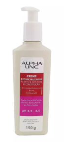 É um creme potencializador plástica dos fios da linha Alpha Line. O produto vem em um frasco de cor bege claro com detalhes em branco e rosa. O rótulo frontal destaca que é um "Creme Potencializador Plástica dos Fios Reconstrução"