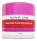 Máscara plástica dos fios da linha Alpha Line. Embalagem plástica rosa vibrante com rótulo branco. Peso de 350g. O rótulo destaca que é uma máscara reconstrutora para cabelos danificados