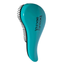 Escova de cabelo de mão em plástico rígido na cor turquesa brilhante. A escova tem formato arredondado e alongado, com cerdas pretas densas em um dos lados. O nome "Beauty Secret" está impresso em letras pretas na superfície turquesa da escova.