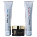 A imagem mostra três máscaras da marca Sebastian Professional. Um tubo branco com letras azuis "Sebastian Hydre". O outro tubo branco com letras vermelhas "Sebastian Penetrait". Um pote preto com tampa dourada contendo a máscara Dark Oil.