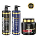 A imagem mostra três produtos de beleza da marca Kerastinni. Dois são frascos de plástico com bombas dosadoras, um preto e outro azul, ambos com detalhes dourados.