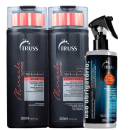 A imagem mostra produtos da marca Truss: shampoo e condicionador Summer para cabelos coloridos e spray Uso Obrigatório. As embalagens modernas são escuras com detalhes em laranja.
