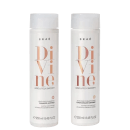 Dois frascos brancos da marca Braé, contendo um shampoo anti-frizz e um condicionador anti-frizz, ambos com o nome "Divine" impresso em letras grandes e coloridas.
