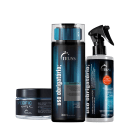 A imagem mostra três produtos para cabelos da marca Truss. O primeiro é uma máscara em pote redondo, depois shampoo 300ml e um reconstrutor capilar em spray.