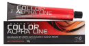 Coloração em creme da linha Alpha Line, um tubo vermelho com a inscrição "Collor Alpha Line" em letras brancas, contendo 50g de coloração e uma caixa preta retangular. As cores predominantes são preto, vermelho e cinza.