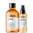 A imagem mostra dois produtos de cuidados capilares. O primeiro é um shampoo NutriOil em um frasco plástico âmbar de 300ml, com rótulo branco. O segundo é um óleo de tratamento Absolut Repair Oil em um frasco plástico dourado de 30ml.
