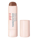 Imagem de um bastão ou de cor salmão claro, sem tampa. Rótulo com o nome da marca "Payot" em letras grandes e vermelhas, e "Contorno Facial" em letras menores azuis e pretas. Ao lado, a tampa do bastão. Apresenta contorno facial de cor escura.