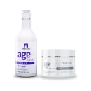 Produtos da linha Age Color da TreeLiss Profissional. Um shampoo de 300ml em frasco plástico transparente com rótulo roxo e texto "Age Color Silver". Um tratamento de 250g em pote plástico branco com rótulo cinza e texto "Age Color Ice".