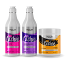 Produtos TreeLiss Profissional para cabelos. Dois frascos de plástico brancos de 500ml cada, com rótulos rosa e roxo, identificados como Shampoo e Condicionador da linha "Cachos". Um pote preto e branco de 500g com rótulo laranja, Máscara de Hidratação.