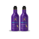Dois frascos de shampoo e condicionador da linha Bio Organic da marca TreeLiss Profissional. Os frascos são de plástico roxo brilhante com tampas pretas.