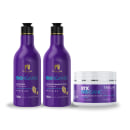 Produtos de tratamento capilar TreeLiss Biorganic. Dois frascos de plástico roxo de 300ml contendo shampoo e condicionador duo. Um pote branco com detalhes roxos de 250g contendo máscara de redução de volume.